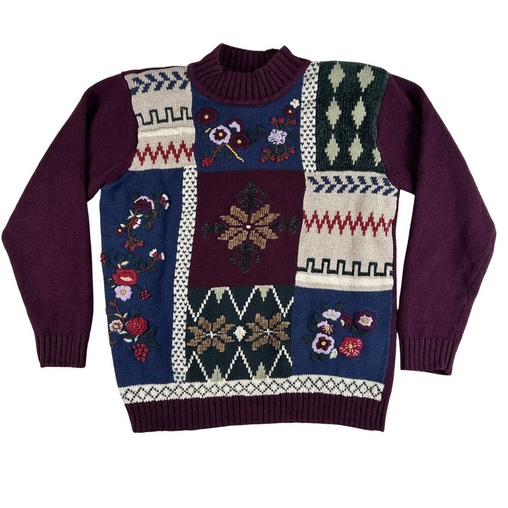 Vintage Alfred Dunner Sweater Womens Small Floral Patchwork Shoulder Pads Purple